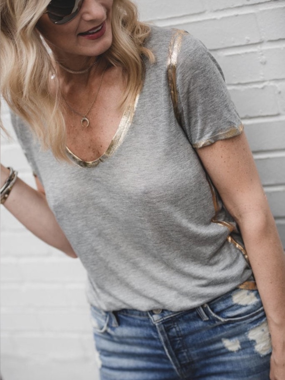 Zadig & Voltaire Women’s Grey Scoop Neck Top with Gold Trim
